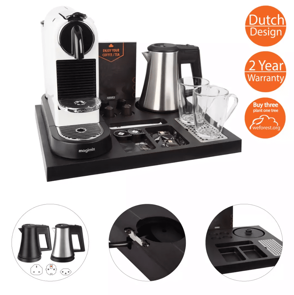 Coffee and tea tray for hotels with space for nespresso machine and water kettle