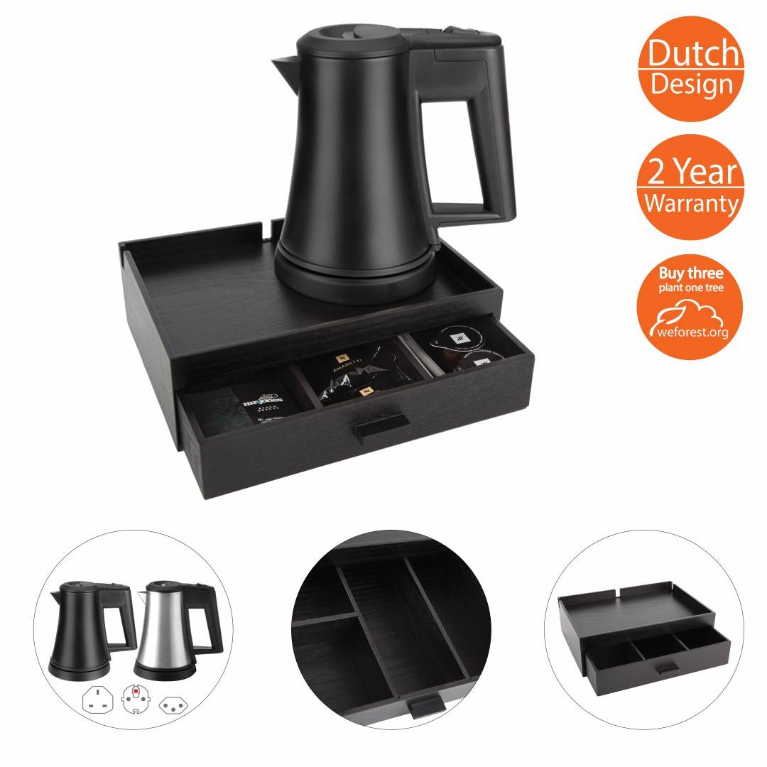 Welcome Tray for hotels with drawer and water kettle BLACK