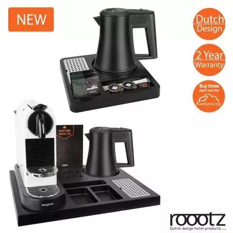 Hospitality trays voor koffie en thee op de hotelkamer