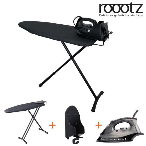 Hotel ironing board set with steam iron, wall hook and holder