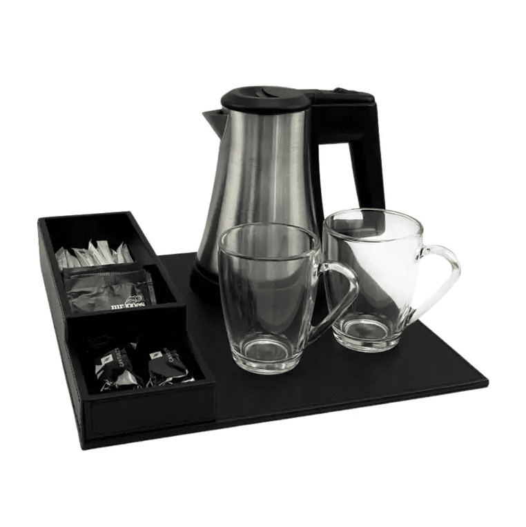 Hospitality Tray with Kettle and tea glasses