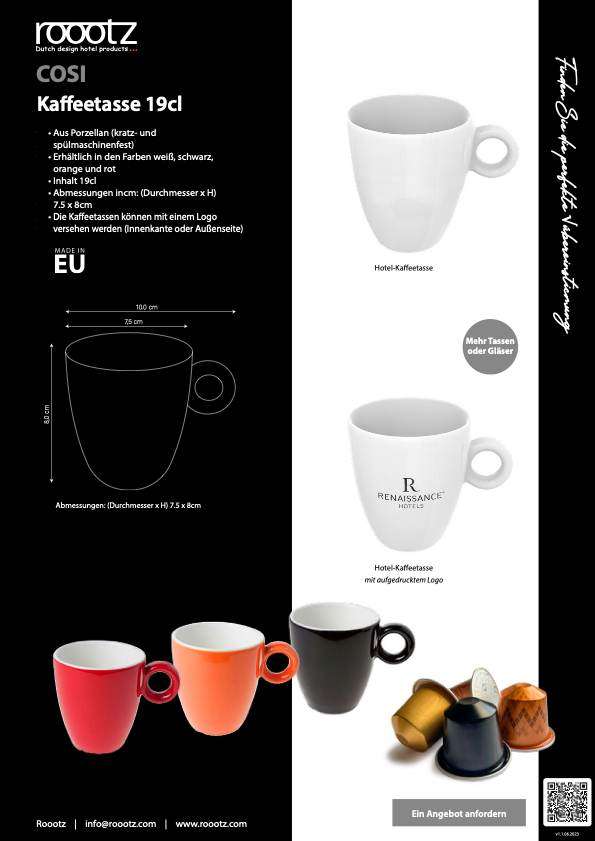 Kaffeetasse für Hotels mit oder ohne Hotellogo Roootz Cosi