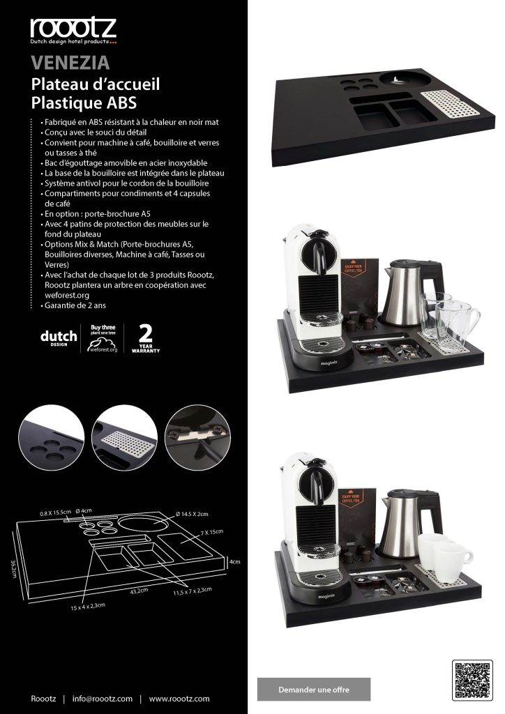 Plateau de courtoisie en plastique noir avec emplacement pour machine Nespresso, bouilloire, tasses et verres