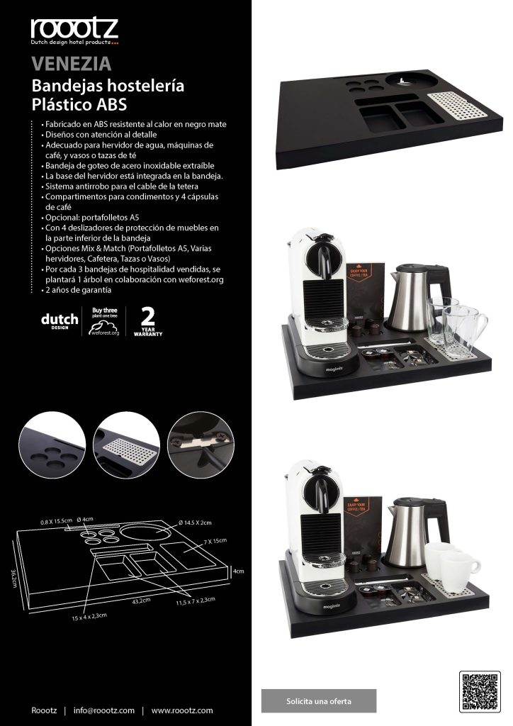 Bandeja de hostelería de plástico negro con espacio para cafetera Nespresso, tetera, tazas y vasos