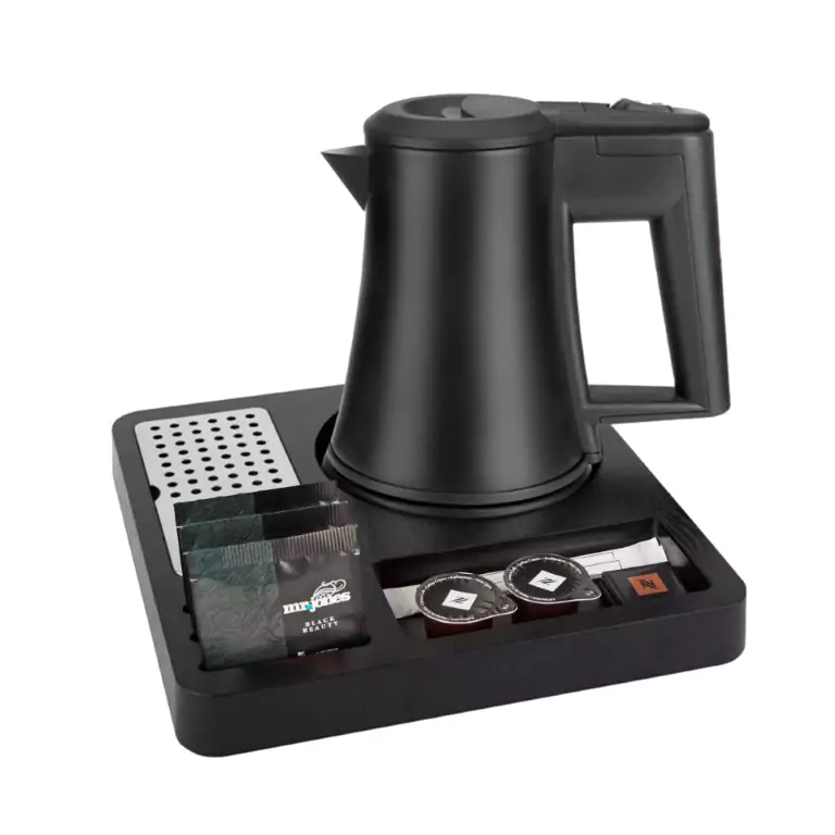 Hospitality Tray with Black Kettle and space for tea bags spoons and sugar