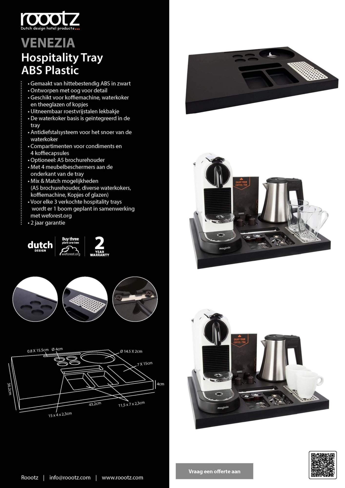 Hospitality tray zwart plastic met ruimte voor een nespresso machine, waterkoker, kopjes en glazen