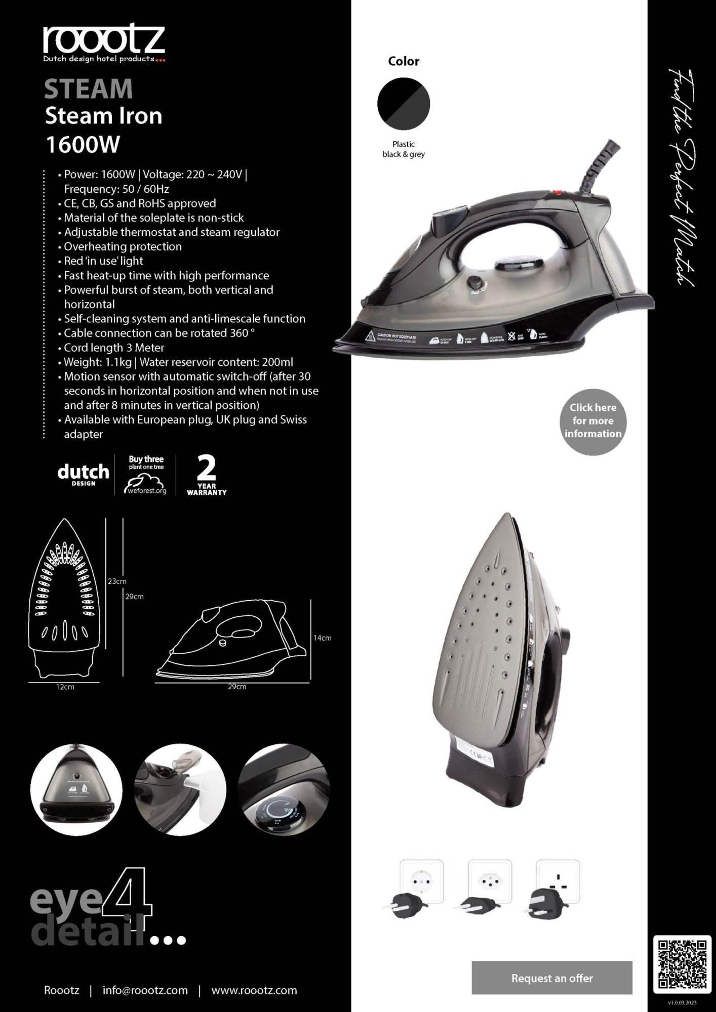 Steam iron for hotels
