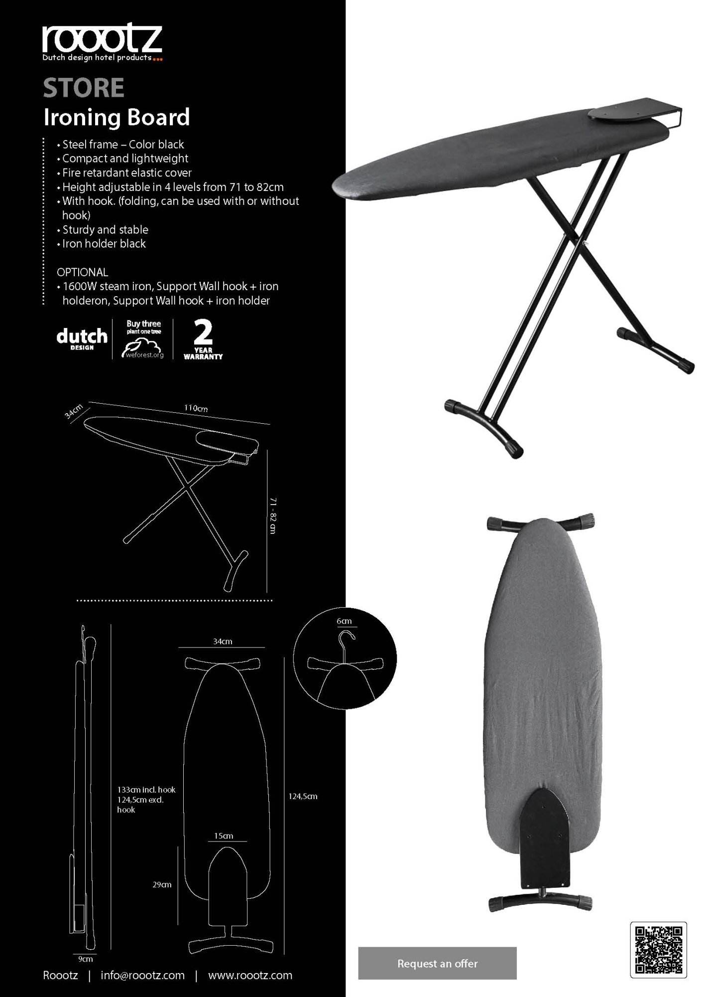 Ironing board for hotel with iron holder and hook