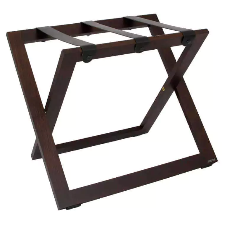 hotel luggagerack in beechwood walnut color and black leather straps
