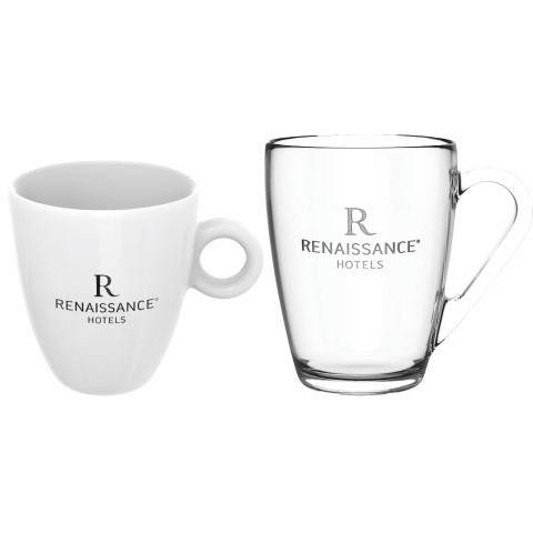 Coffee cups and tea glasses with hotel logo