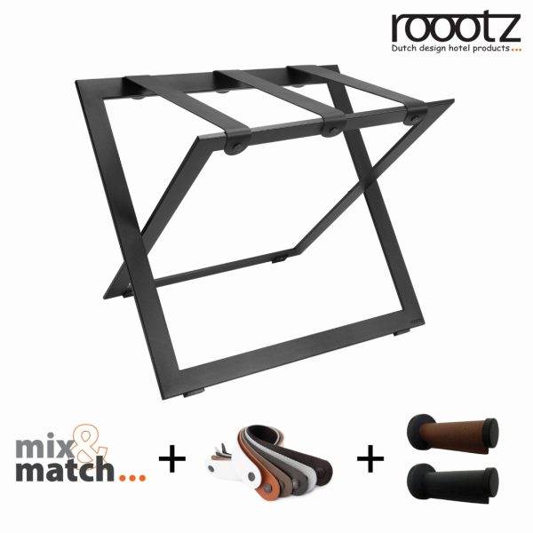 Black luggage rack for hotels - steel with various straps in leather or nylon - also available with wall hooks to hang the suitcase rack on the wall