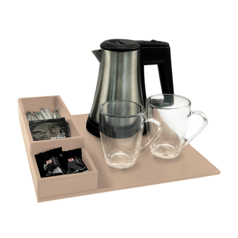 Luxuriöses Teetablett aus beige-braunem Kunstleder