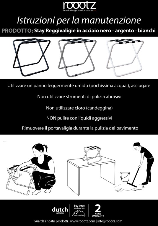 Istruzioni per la manutenzione del portavaligie dell'hotel Rootz Stay