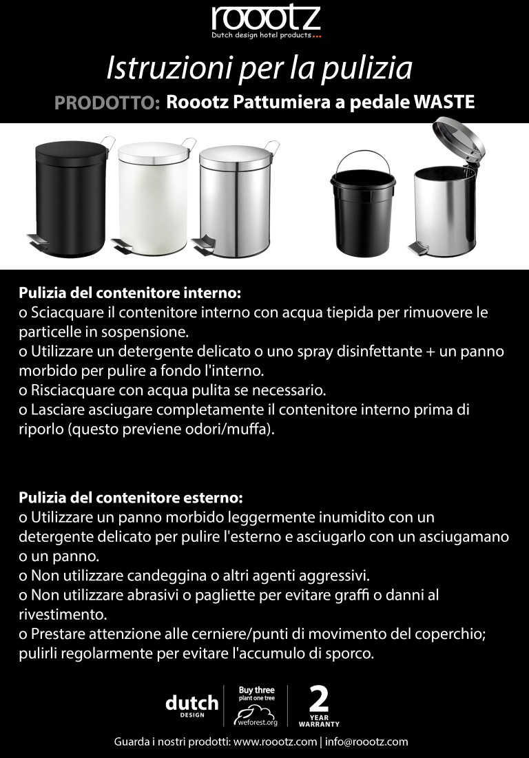 Pattumiera a pedale per hotel disponibile in 3 colori diversi. Istruzioni per la pulizia incluse.