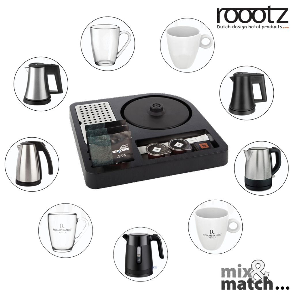 Hotel Thee Tray met diverse opties voor waterkokers en kopjes of glazen