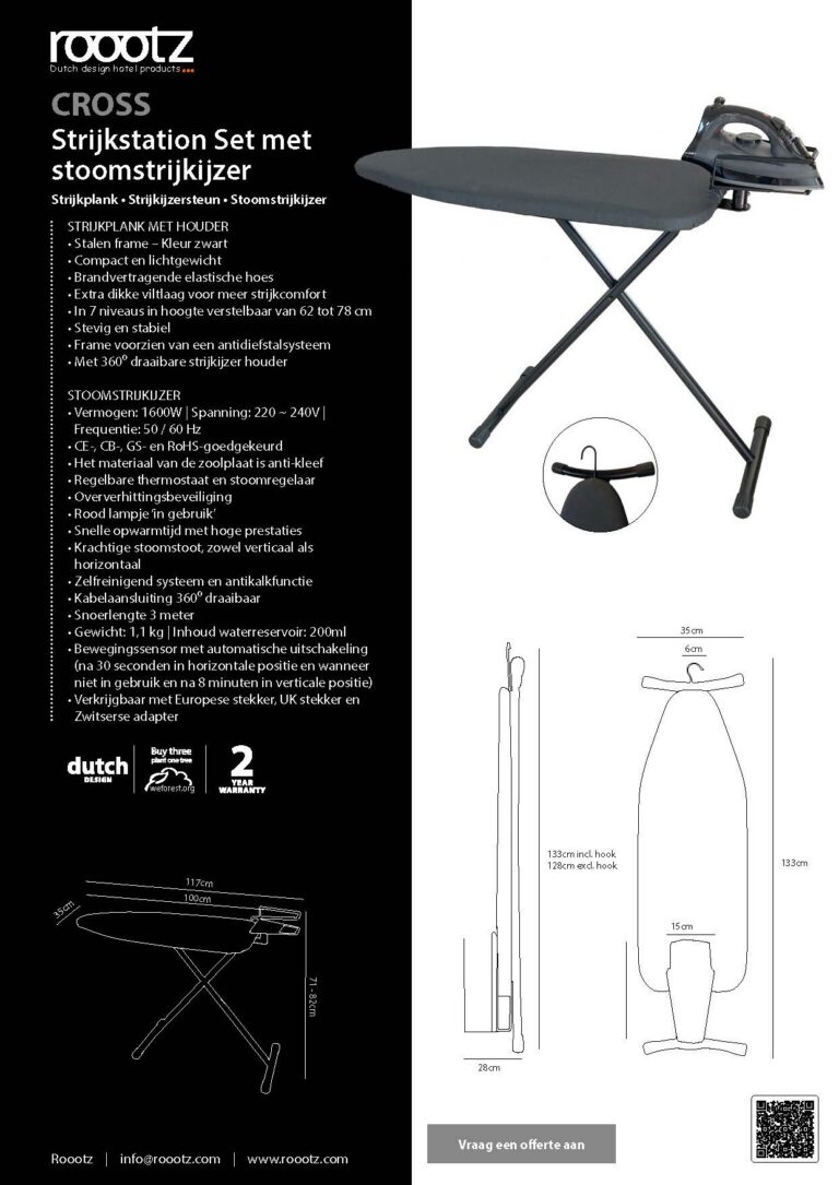 Strijkplank met stoomstrijkijzer voor hotels