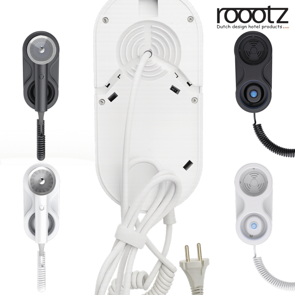 Wandhängender Hotelhaartrockner in Mattschwarz und Weiß, wahlweise mit oder ohne Stecker