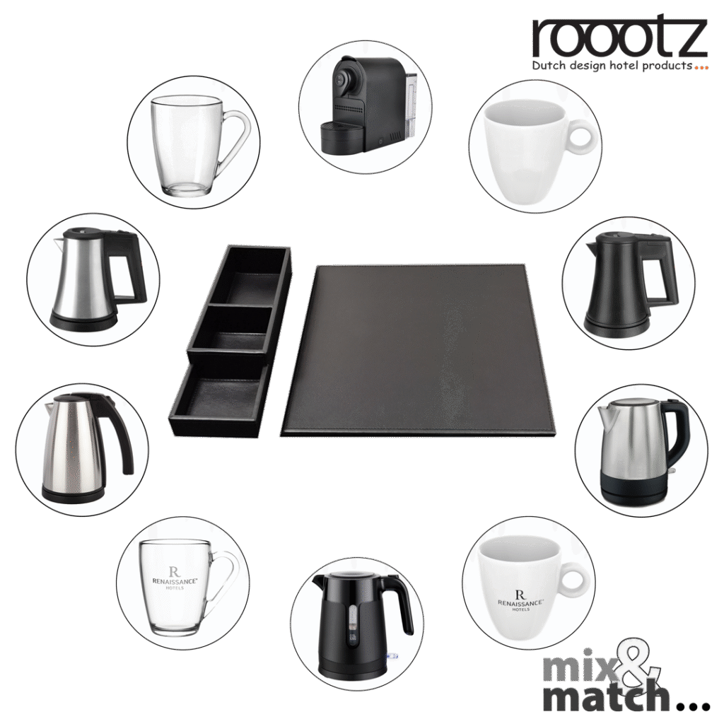 Coffee and tea tray for hotel rooms. Color: black. Material: faux leather. Separate tray and sachet box. Mix and match