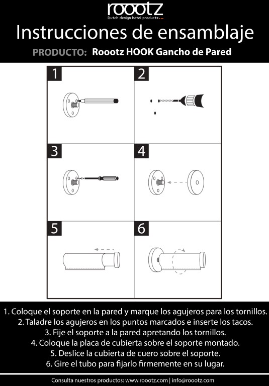 Instrucciones de montaje del gancho de pared Roootz