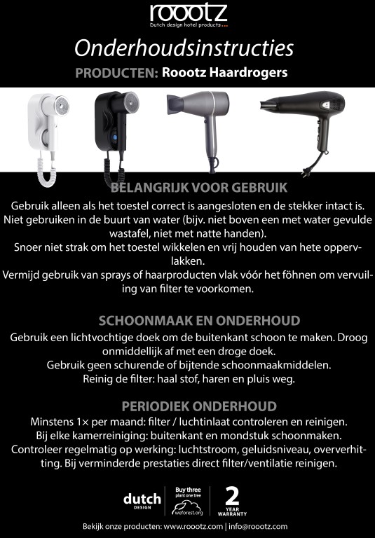 Onderhoudsinstructies Roootz Fohns voor Hotels