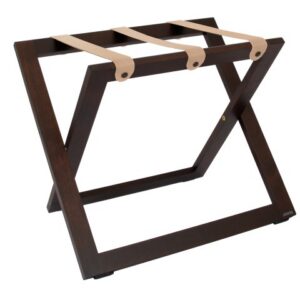 Gepäckablage in Walnussfarbe mit beigen Lederriemen