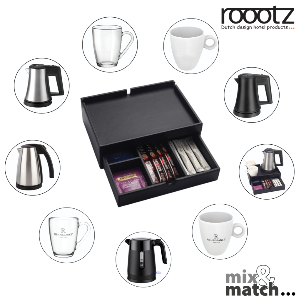 Hospitality tray met lade van kunstleer in zwart