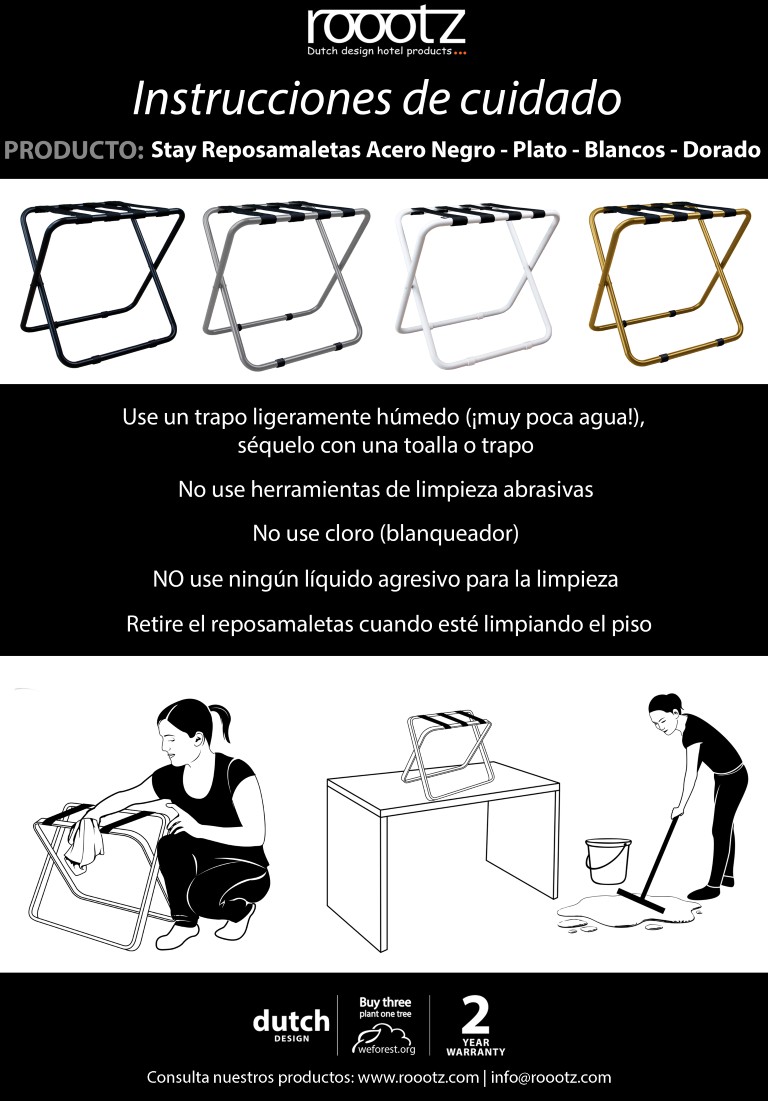 Instrucciones de mantenimiento para los portaequipajes de hotel Roootz STAY Acero