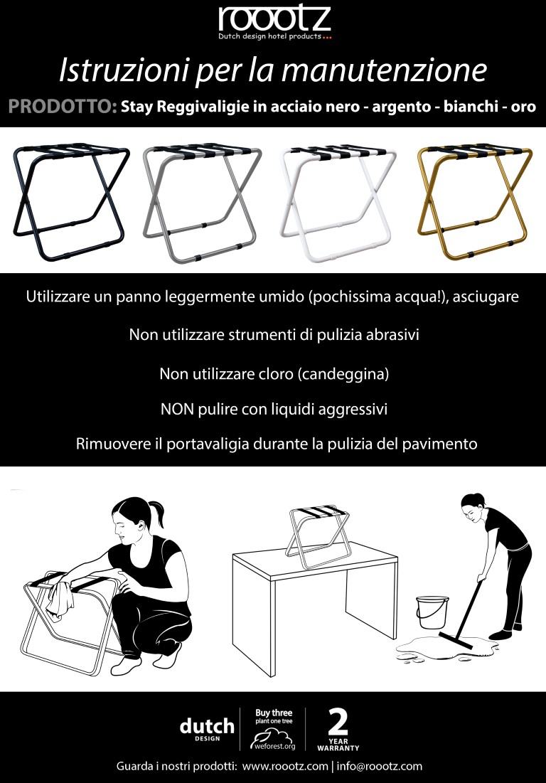 Istruzioni per la manutenzione dei reggivaligie da hotel Roootz STAY Acciaio