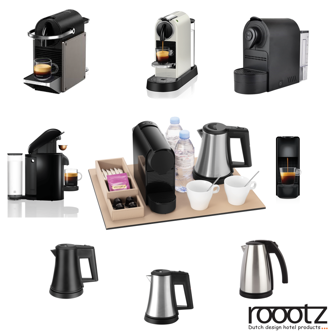 Abbina questo vassoio di benvenuto beige con bollitore, macchinetta del caffè, tazze e bicchieri. Molteplici possibilità!