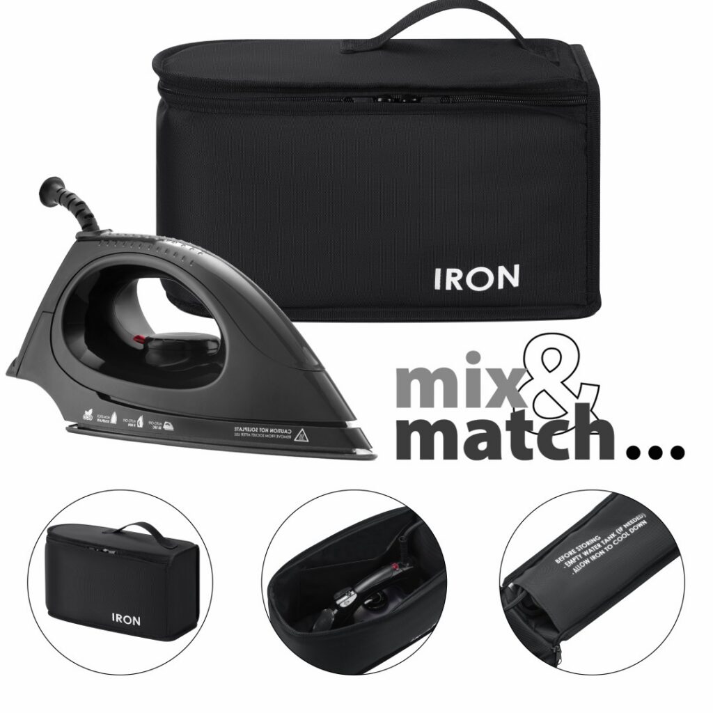 Black storage bag for iron. Ideal for hotels. Store neatly in the closet. And the bag features the letters Iron.