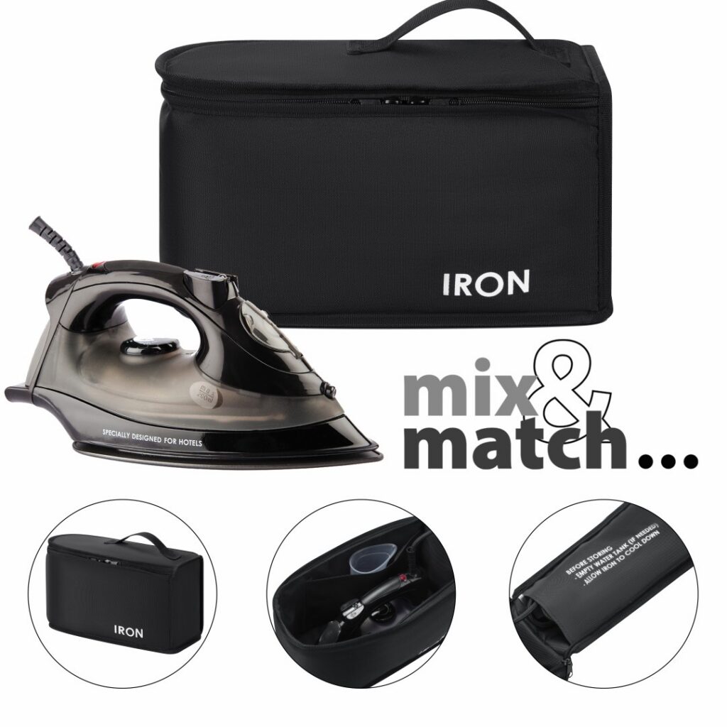 Store your hotel iron in a luxury storage bag. Equipped with a zipper and pockets for accessories. The bag is black and features the letters IRON.
