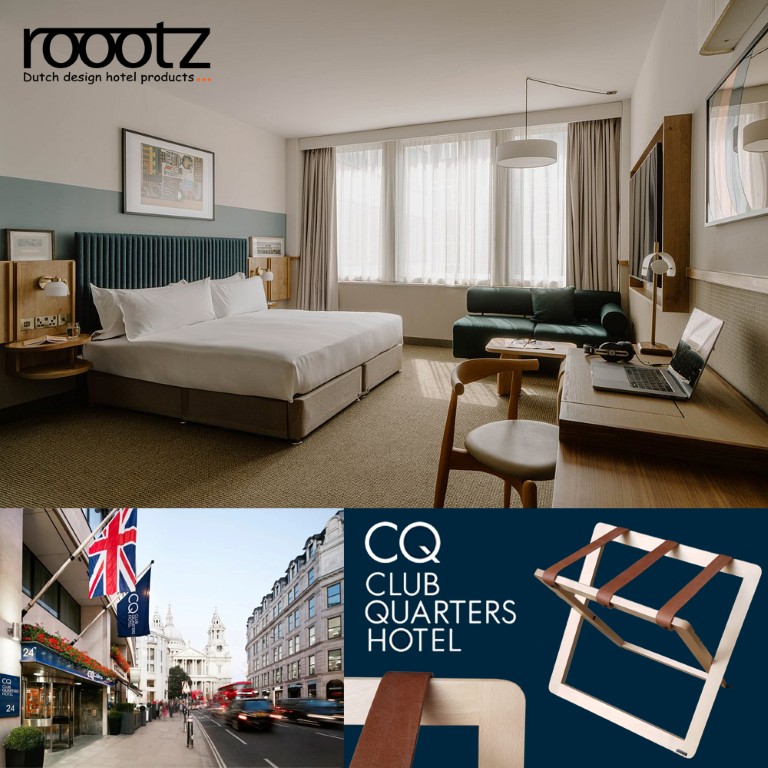 Hotel luggage racks with leather straps and a distinctive modern design. Perfectly suited to this hotel concept.