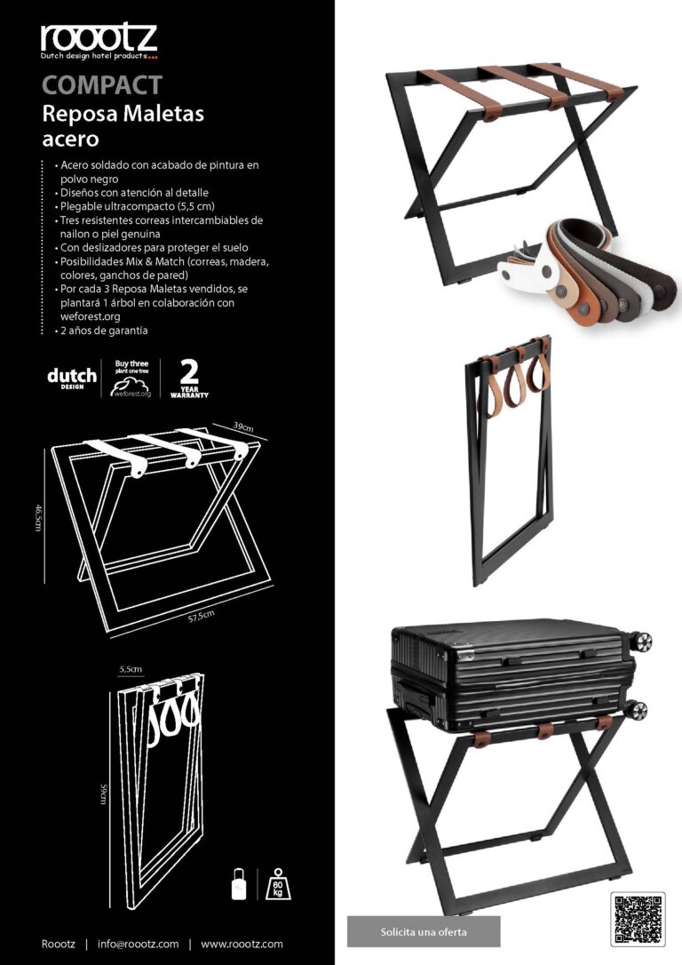 Reposa Maletas para hoteles, diseño moderno de acero negro.