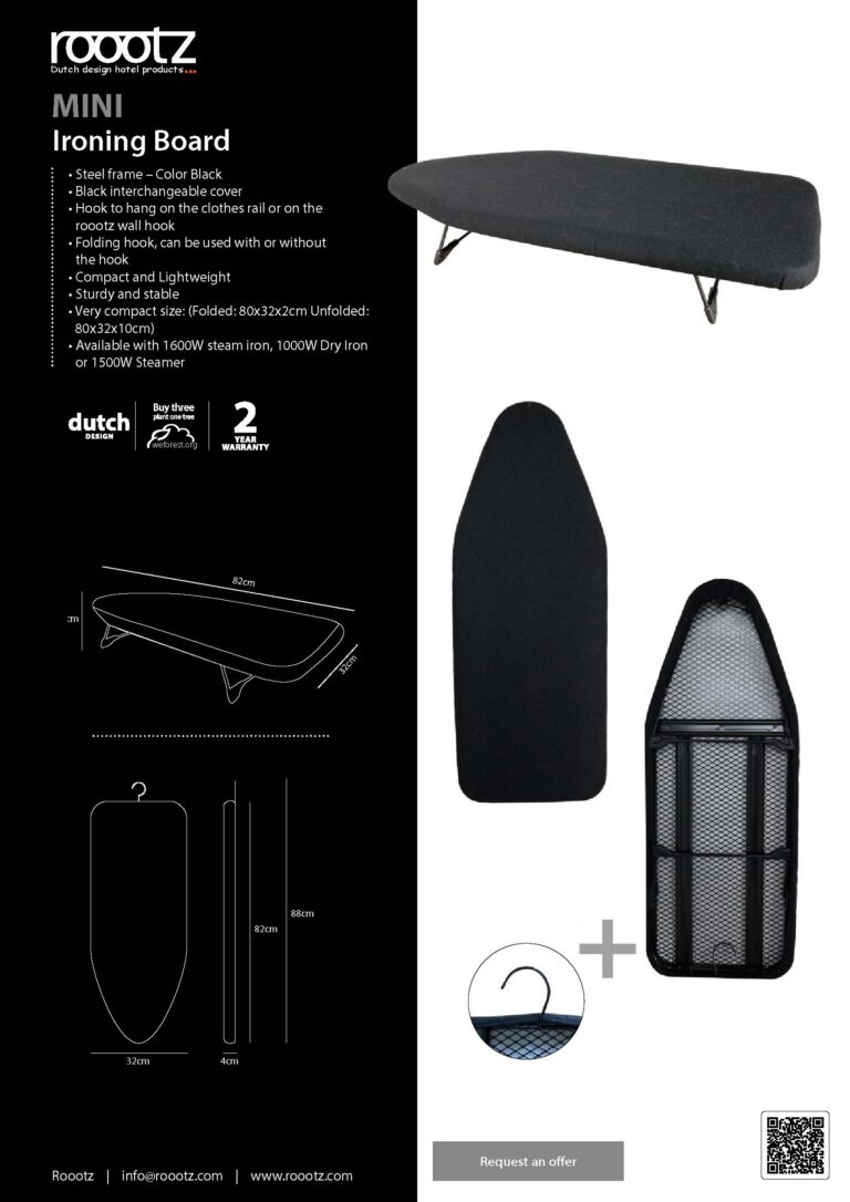 Black tabletop hotel ironing board with hanging hook