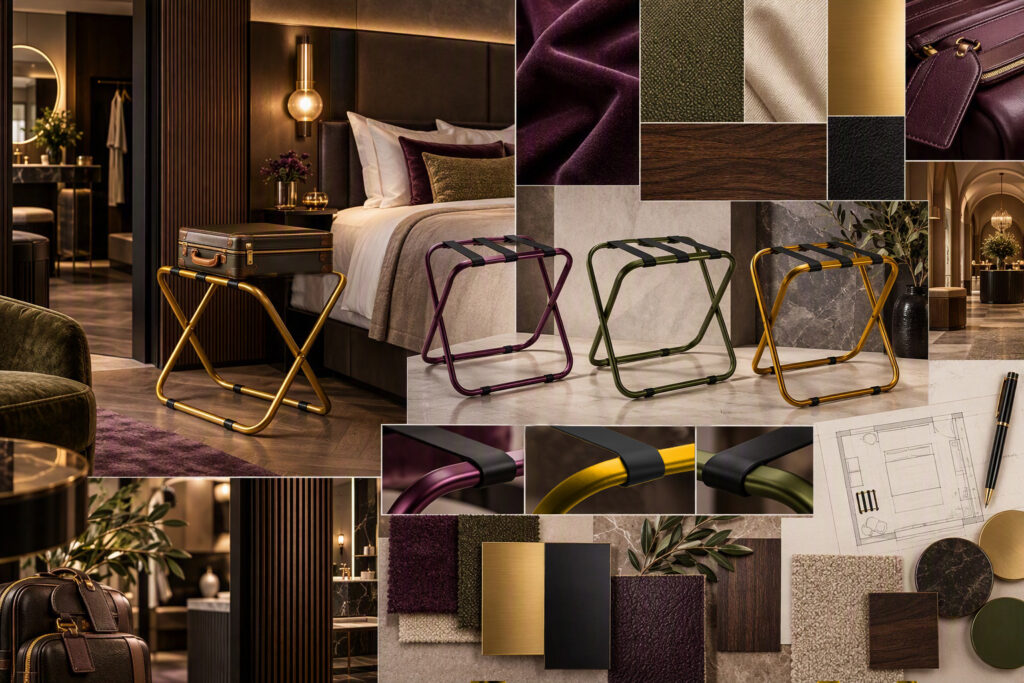 Maßgefertigter Kofferablage für Hotels. Erhältlich in verschiedenen Farben. Ergänzt perfekt die Einrichtung Ihres Luxushotels.
